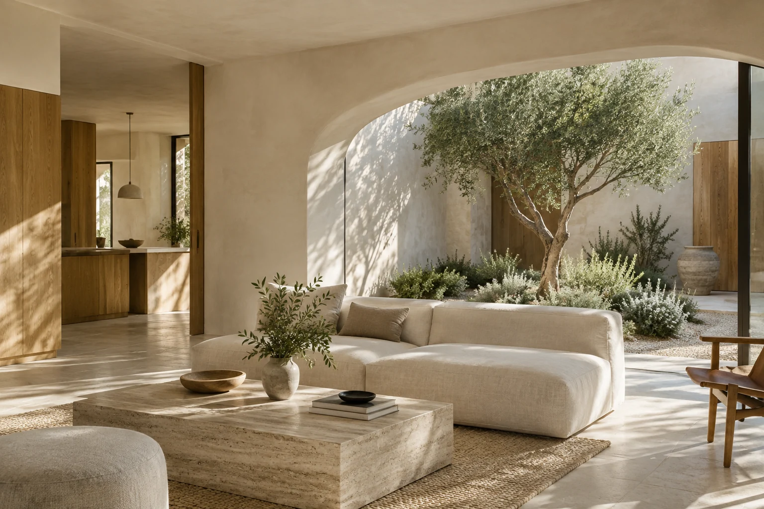 Architectural concept of a sunlit interior with natural stone, linen and a planted courtyard