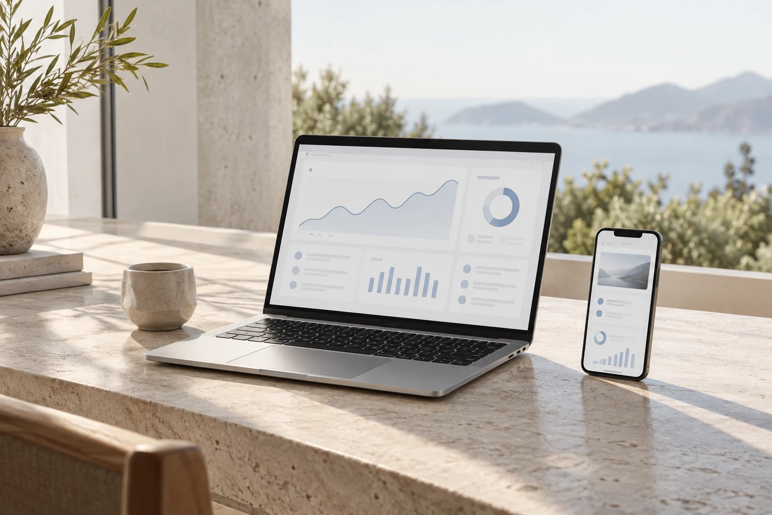 Laptop and mobile interface concept photographed in natural morning light