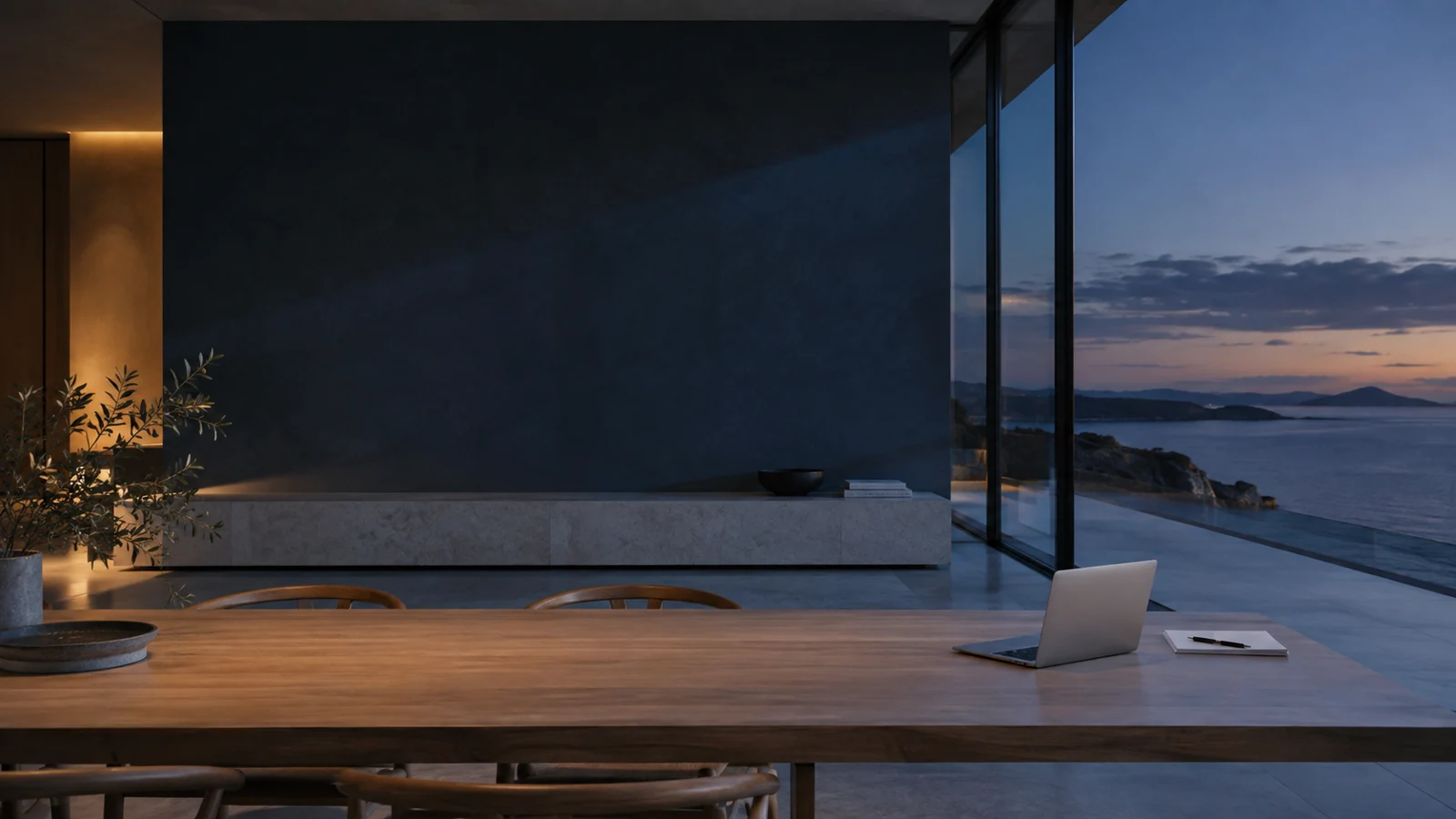 A calm contemporary studio overlooking the ocean at dusk, an AI-created visual concept